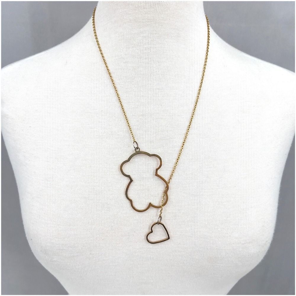 Gold Tone Bear Heart Lariat Necklace Teddy Bear Silhouette Pendant 24in